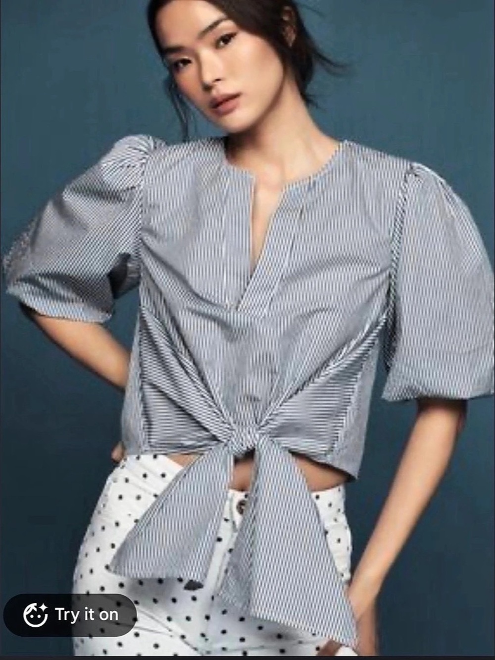 Maeve Striped Tie-Front Tunic Blouse Blue & White Small